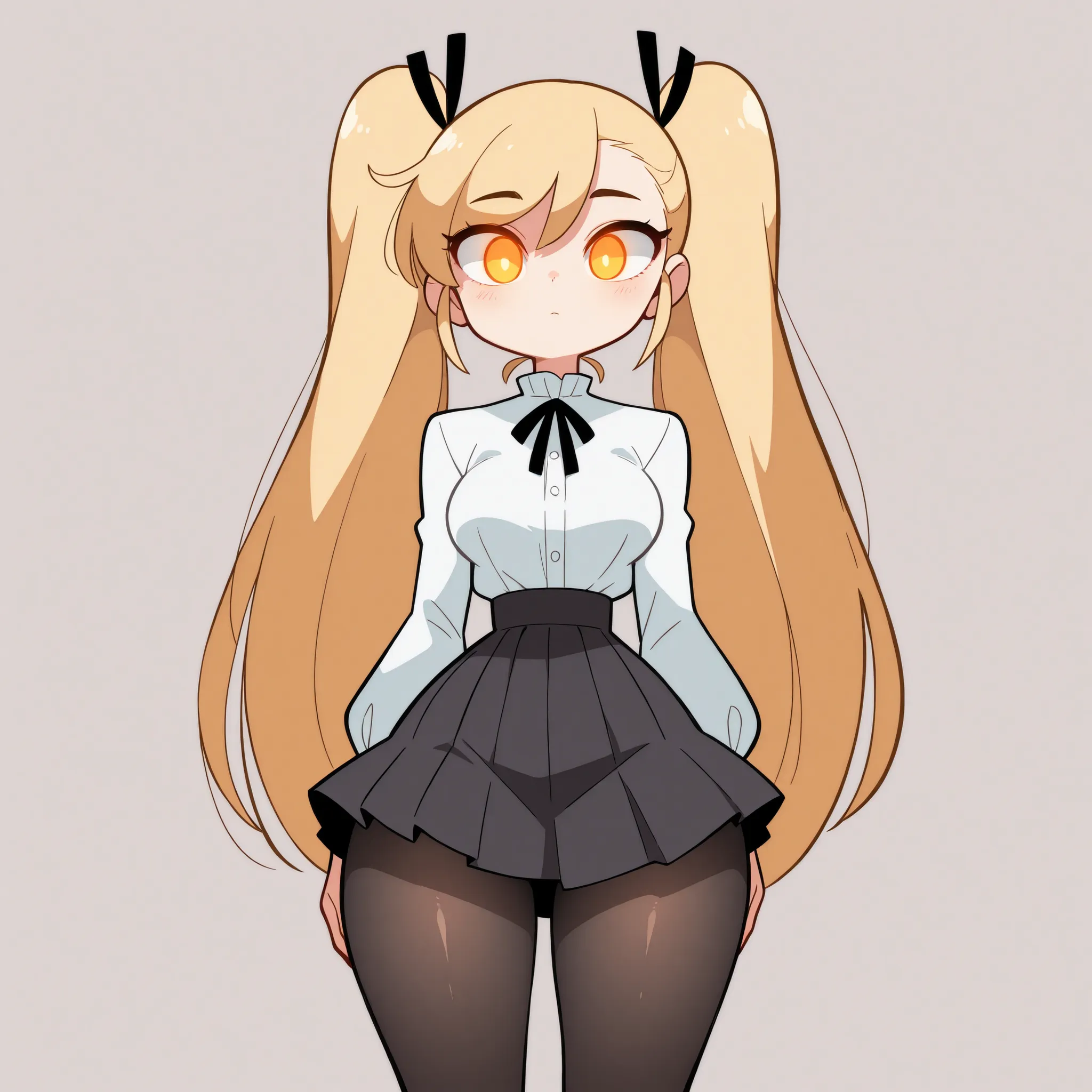 masterpiece, best quality, amazing quality, very aesthetic, absurdres, high res, shiny skin, diives, 1girl, solo, long blonde hair, twin pigtails, straight hair, orange eyes, glowing eyes, medium breasts, narrow waist, wide hips, thick thighs, white blouse...