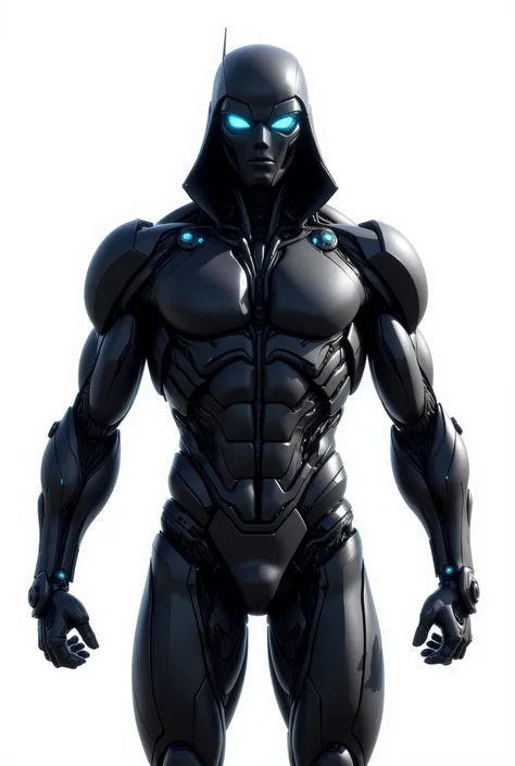 Generate an image of a futuristic full body male superhero suit designed for an anti-hero. The suit should predominantly feature a sleek black color with a net-textured finish, glowing eyes. Incorporate organic high-tech armor details that suggest advanced...
