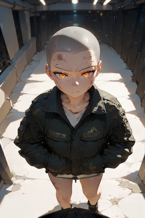 1girl, long sharp eyes, shaved head, buzz cut, scarred, slit on eyebrow, casual look, battle-worn, rough, rubbles background , worn clothes, dirty jacket, hands in pocket, flat expression, standing casually, looking at viewer, front POV, lower angle, (mast...