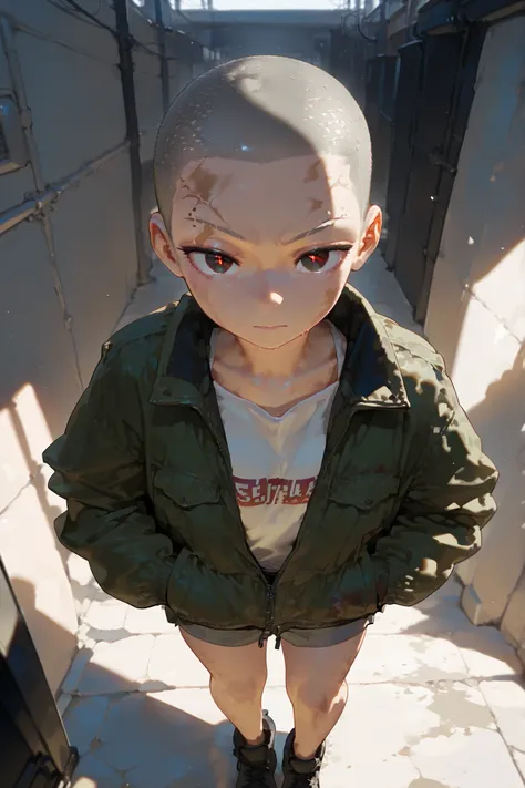 1girl, long sharp eyes, shaved head, buzz cut, scarred, slit on eyebrow, casual look, battle-worn, rough, rubbles background , worn clothes, dirty jacket, hands in pocket, flat expression, standing casually, looking at viewer, front POV, lower angle, (mast...