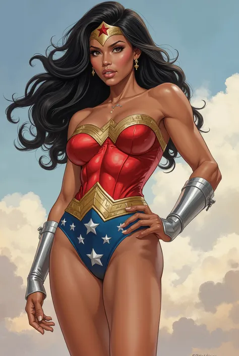 Detailed proportions and textures, multicoloured and softened airbrush brushstrokes, semi-realistic Chinese ink illustration A strong girl who looks like wonder woman (a superhero African American (full body pose, with a confident and bold posture, full li...
