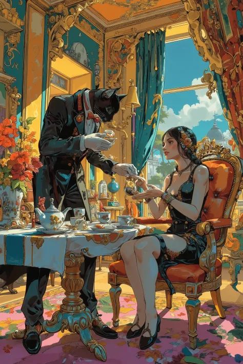 (standing black cat face butler,To pour tea on table),(young lady sitting chair),tea party,Art Deco Style,colorfull,vibrant colors,Spend an elegant time,cinematic,hirohiko araki style,phwamen