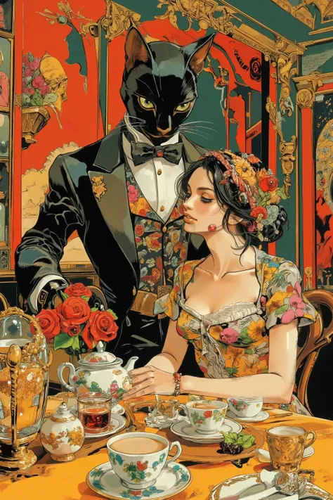 (standing black cat face butler,To pour tea on table),(smile young lady sitting chair),tea party,Art Deco Style,窓から青空が見える,colorfull,vibrant colors,Spend an elegant time,cinematic,hirohiko araki style,phwamen