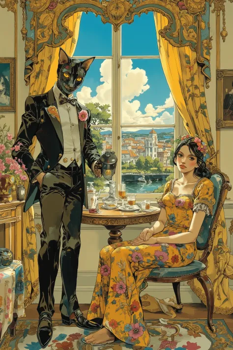 (standing black cat face butler,To pour tea on table),(smile young lady sitting chair),tea party,Art Deco Style,window,blue sky,colorfull,vibrant colors,Spend an elegant time,cinematic,hirohiko araki style,phwamen