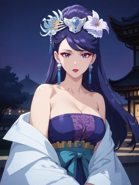 (Moonlit Night,Drinking alcohol, tipsy),((((masterpiece, best quality)))), sleeveless,1 girl on break day, solo,Big Breasts,big butt,Li Hua ,The Apothecary Diaries,Li Hua, long hair, PURPLE EYES, purple hair, flower, earrings, hair flower, makeup, lipstick...