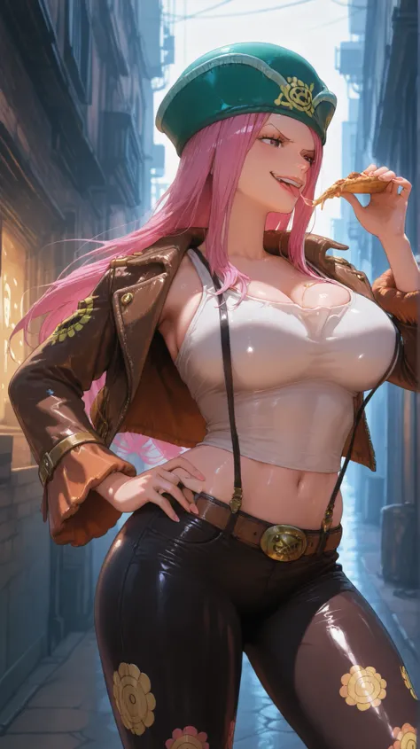 Create a hyper-realistic live-action portrait of a bold and rebellious female pirate inspired by Jewelry Bonney from One Piece. She has long, flowing pink hair, sharp eyes with a defiant glare, and a slightly cocky smirk. She has sexy body with big brutal ...
