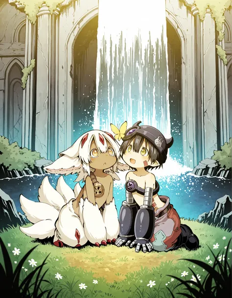 duo group, regu \(made in abyss\), reg \(made in abyss\), faputa, dark-skinned female, white hair, extra arms, white fur, multiple tails, claws, mtlb1a, front view, looking up, head up, young, curious, happy, [side by side, high-angle view::0.15], explorer...