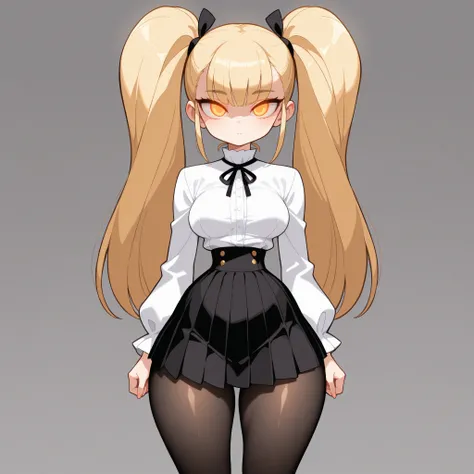 masterpiece, best quality, amazing quality, very aesthetic, absurdres, high res, shiny skin, diives, 1girl, solo, long blonde hair, twin pigtails, straight hair, orange eyes, glowing eyes, medium breasts, narrow waist, wide hips, thick thighs, white blouse...