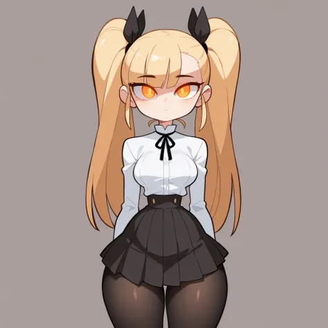masterpiece, best quality, amazing quality, very aesthetic, absurdres, high res, shiny skin, diives, 1girl, solo, long blonde hair, twin pigtails, straight hair, orange eyes, glowing eyes, medium breasts, narrow waist, wide hips, thick thighs, white blouse...