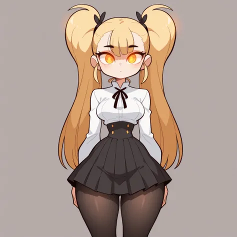 masterpiece, best quality, amazing quality, very aesthetic, absurdres, high res, shiny skin, diives, 1girl, solo, long blonde hair, twin pigtails, straight hair, orange eyes, glowing eyes, medium breasts, narrow waist, wide hips, thick thighs, white blouse...