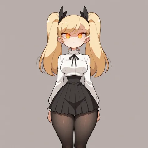 masterpiece, best quality, amazing quality, very aesthetic, absurdres, high res, shiny skin, diives, 1girl, solo, long blonde hair, twin pigtails, straight hair, orange eyes, glowing eyes, medium breasts, narrow waist, wide hips, thick thighs, white blouse...