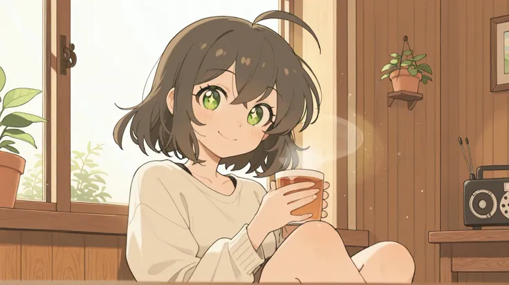 masterpiece, best quality, newest, absurdres, highres,
short dark brown hair, ahoge, shiny green eyes, 1girl, solo, joyful and peaceful expression, bright smile, sitting cross-legged on a cozy wooden floor, morning sunlight streaming through the window, pr...