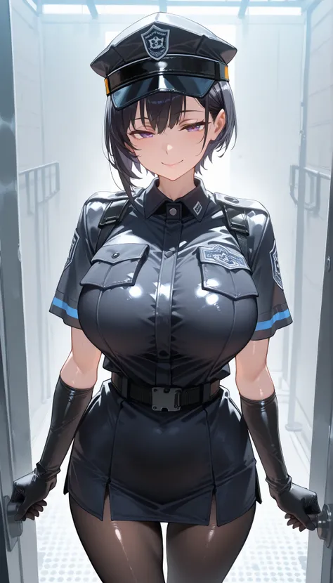 A female prison guard in uniform,Standing in the prison aisle,Black guard cap,Black short gloves,Black pantyhose,Shiny skin,(Short hair),Open Pose, seductive smile,Slim body,huge opaai,Prison,UHD, SOLO, anatomically correct, masterpiece, textured skin, hig...