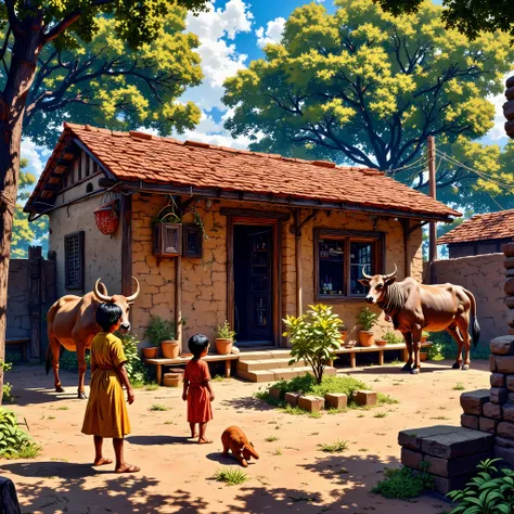 Traditional Indian village home, walls made of mud (kaccha house) with red clay tile roof, a small sacred tulsi plant in the center of the courtyard (angan), ren playing outside with joyful expressions, an old wooden gate with a sturdy iron latch (kadi), l...