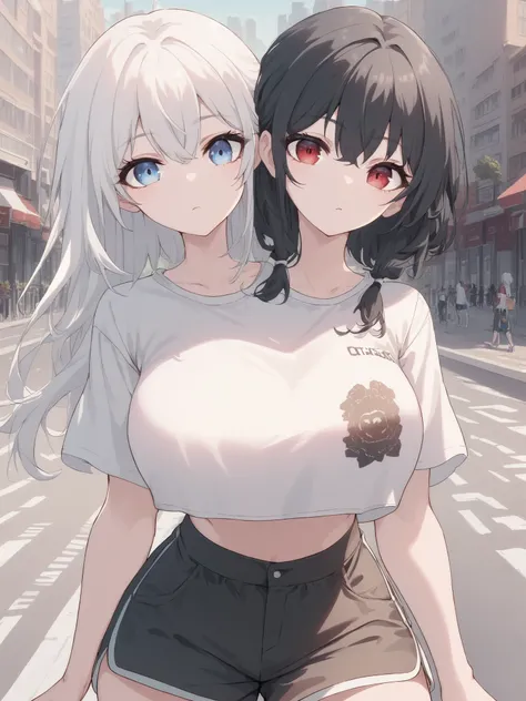 2heads, twoheads, a tall thin woman with 2 heads, white hair, black hair, blue eyes, red eyes, white T-shirt, white crop top, black shorts, large breasts, city,