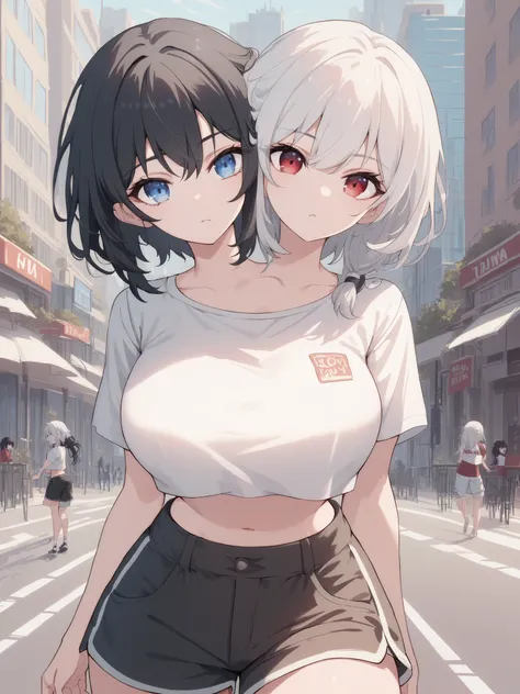 2heads, twoheads, a tall thin woman with 2 heads, white hair, black hair, blue eyes, red eyes, white T-shirt, white crop top, black shorts, large breasts, city,