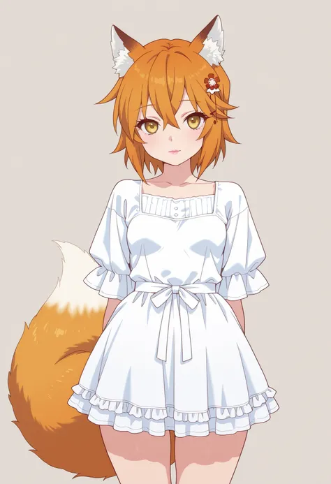 1girl, looking at viewer, facing viewer, cowboy shot angle, simple background, masterpiece, best quality, amazing quality, senko, bangs, orange hair, hair between eyes, yellow eyes, eyelashes, pink lips animal ear fluff, fox ears, fox tail, curvy body, sma...