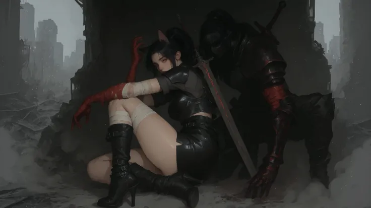 A beautiful girl with cat ears, black hair with ponytail, with a long side fringe, ojos rojos, a black armor for girls and leather, with a black textured leather skirt, (A big red gauntlet on the right arm), (left arm without gauntlet hands bandaged) (a s...