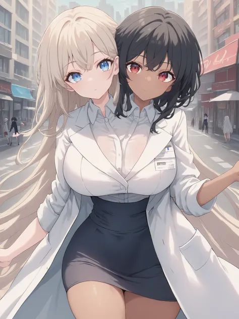2heads, twoheads, a tall thin woman with 2 heads, white hair, black hair, blue eyes, red eyes, half dark skin and light beige skin, two tone skin, light beige skin, dark skin, white shirt, lab coat, black pencil Skirt, large breasts, city,
