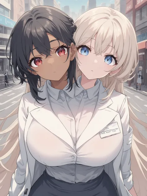 2heads, twoheads, a tall thin woman with 2 heads, white hair, black hair, blue eyes, red eyes, half dark skin and light beige skin, two tone skin, light beige skin, dark skin, white shirt, lab coat, black pencil Skirt, large breasts, city,