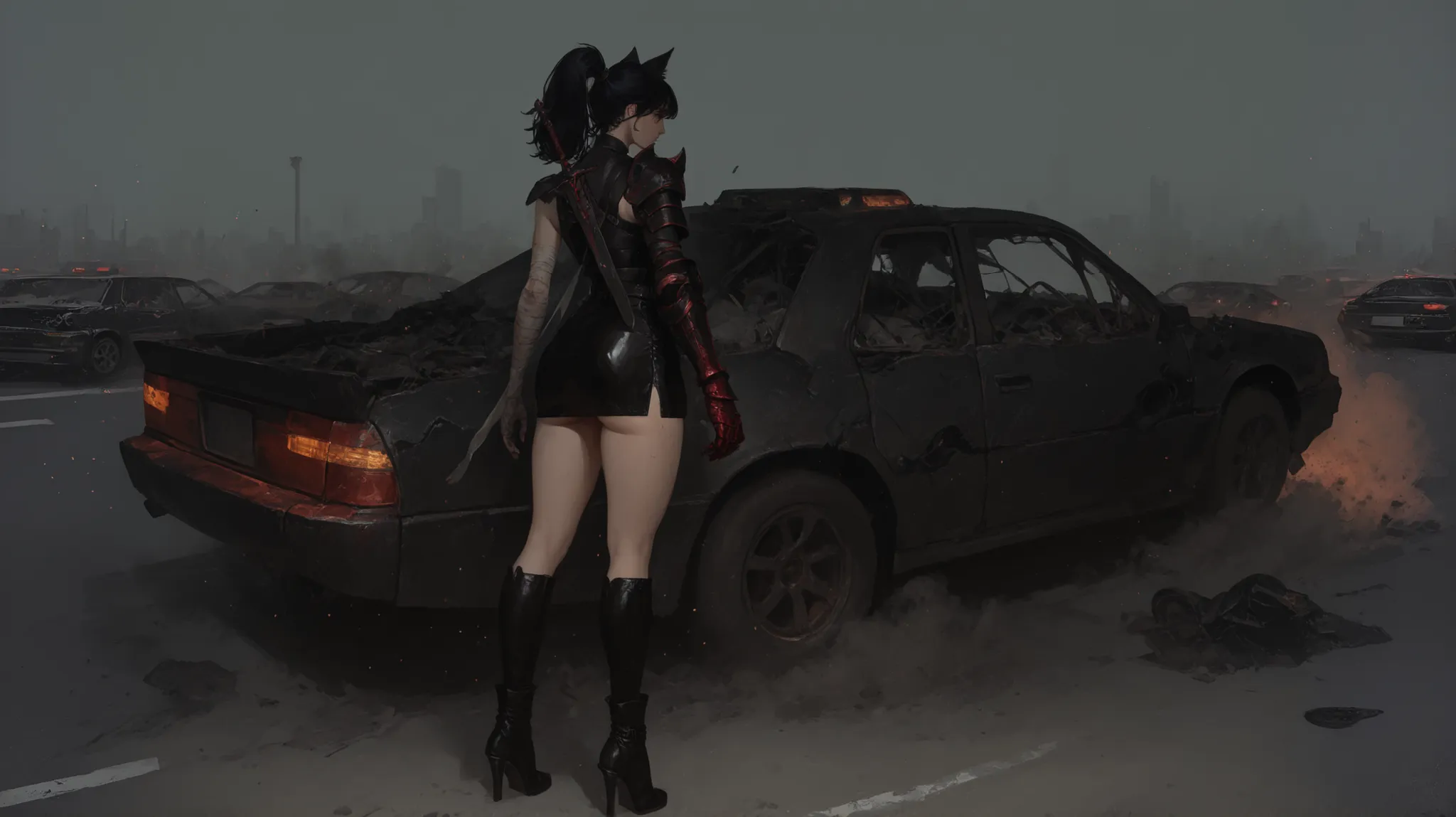 A beautiful girl with cat ears, black hair with ponytail, with a long side fringe, ojos rojos, a black armor for girls and leather, with a black textured leather skirt, (A big red gauntlet on the right arm), (left arm without gauntlet hands bandaged) (a s...