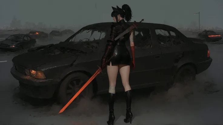 A beautiful girl with cat ears, black hair with ponytail, with a long side fringe, ojos rojos, a black armor for girls and leather, with a black textured leather skirt, (A big red gauntlet on the right arm), (left arm without gauntlet hands bandaged) (a s...