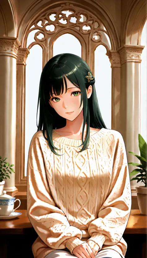 very detailed, ultra-realistic digital illustration of a beautiful young Asian woman, from the waist up, is set in a calm and peaceful environment. Perfect porcelain-like skin shines gently with a natural blush. expressive emerald green eyes, Expressive da...