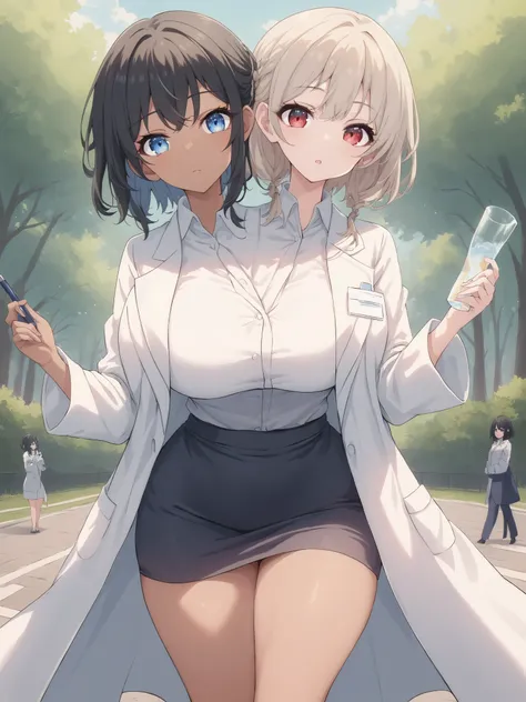 2heads, twoheads, a tall thin woman with 2 heads, white hair, black hair, blue eyes, red eyes, half dark skin and light beige skin, two tone skin, light beige skin, dark skin, white shirt, lab coat, black pencil Skirt, large breasts, park