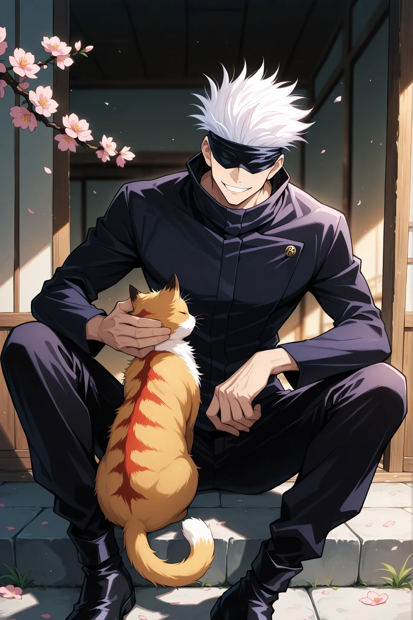 (masterpiece:1.2), best quality, amazing quality, cinematic angle, cinematic shadows, perfect anatomy, 1man,adult, male focus, smile, gojou satoru, jujutsu kaisen, black blindfold, covered eyes, white hair, short hair, toned chest, sexy man, handsome face...