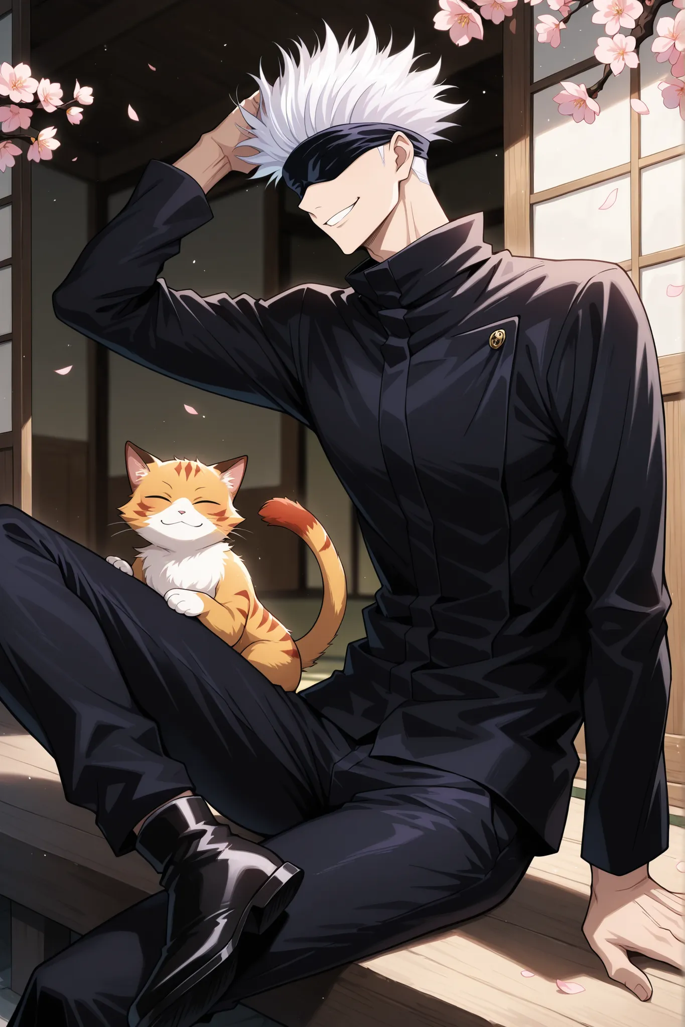 (masterpiece:1.2), best quality, amazing quality, cinematic angle, cinematic shadows, perfect anatomy, 1man,adult, male focus, smile, gojou satoru, jujutsu kaisen, black blindfold, covered eyes, white hair, short hair, toned chest, sexy man, handsome face...