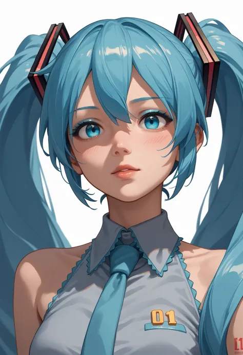  Hatsune Miku, Light Blue Hair,  long hair,  shiny hair, twin tail
Dark blue and light blue gradation eyeshadow for the eyes, A design that makes the eyes stand out even more beautifully, The lips are bright blue and light blue two-tone color,  from below,...