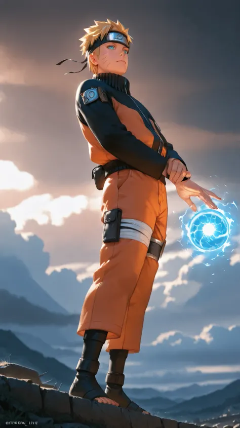 Create a hyper-realistic live-action portrait of a heroic and determined young ninja inspired by Naruto Uzumaki from Naruto Shippuden. He has spiky blonde hair, blue eyes full of conviction, and signature whisker-like marks on his cheeks. He wears an orang...