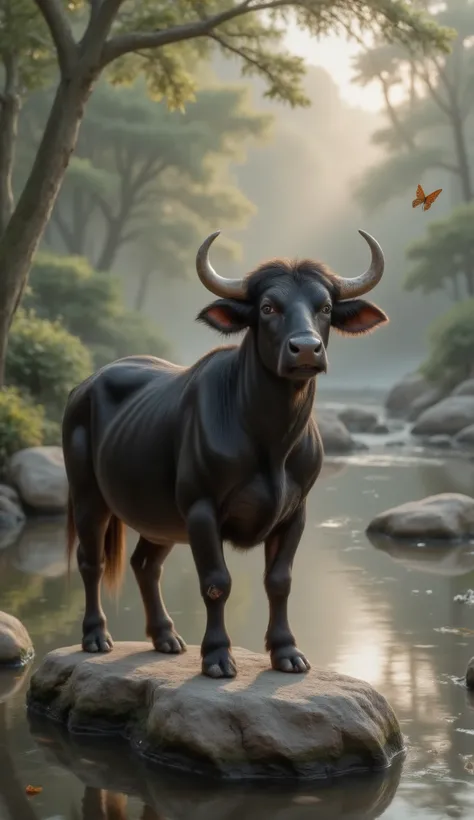 A majestic water buffalo standing calmly on a large smooth rock by the river, surrounded by flying butterflies and peaceful animals. Its black fur is glistening under the soft light of a misty ancient forest. The scene is peaceful and poetic, with a calm r...