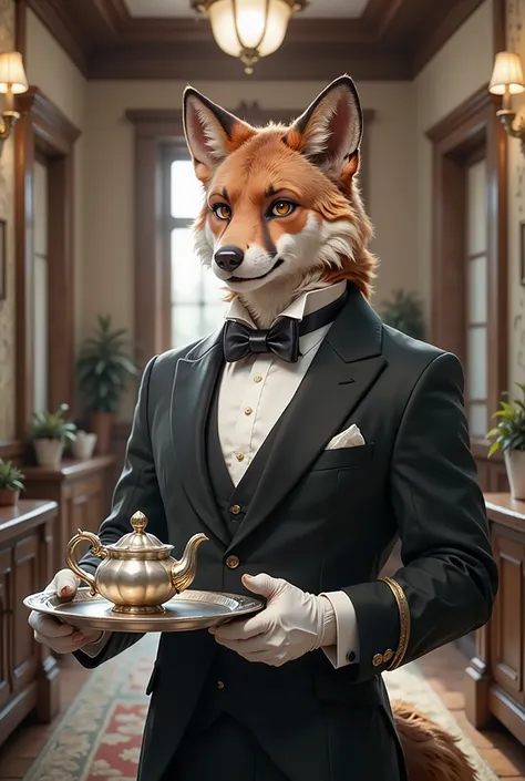 {{A ((refined and elegant)) depiction of {((an anthropomorphic fox dressed as a Victorian-era butler))}}} with {((white gloves, a silver tray with tea service, and a poised posture))}. This is a {((steampunk))}-inspired image that showcases {((the blend of...
