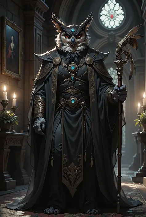 {{A ((mysterious and regal)) depiction of {((an anthropomorphic owl butler perched in a gothic mansion))}}} with {((a flowing cloak, gemstone brooch, and feather-detailed staff))}. This is a {((dark fantasy))}-inspired image that showcases {((magical reali...