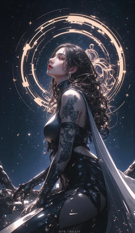 1girl voluptuous,supranatural_mystic dramatic angle, space, hyperrealistic 