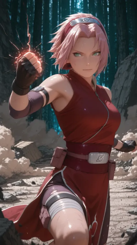 Create a hyper-realistic live-action portrait of a strong and intelligent kunoichi inspired by Sakura Haruno from Naruto Shippuden. She has short pink hair, emerald green eyes, and a calm but focused expression. She wears her red battle dress with the Uchi...