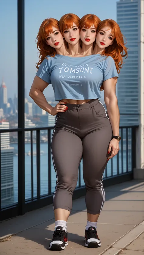 score_9, score_8_up, score_7_up, 1girl, conjoined, four heads, solo, beautiful waifu, sexy (EPpkMisty, brown hair, long hair, brown eyes:1.3), blue short sleeve t-shirt, grey trackpants, big breasts, naturally curved, muscular thighs, flirt, seductive, (ha...