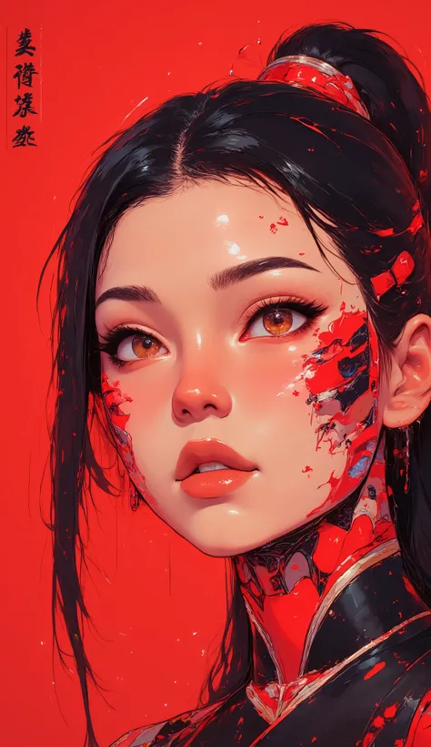 (face close-up:1.1), Mulan, trends, modern , red background, black and white fluorescent colors, Flat style, minimalism, flat illustration, Tsuruta Ichiro style,