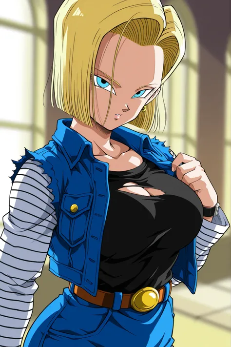  Android 18 (Dragon Ball Z), Big Breasts, Android 18, ZZ Android 18  , blue eyes,  golden hair, short hair, jacket,   denim  ,   denim   jacket, black top underneath,   jewelry, earrings, long sleeve, shirt, ears in burco, belt, stripes,  upper body, stare...