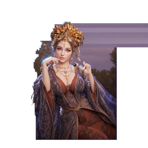 Front view of a woman,Extra large cup, are perfectly detailed,has exquisite facial features, Clothes are exquisite ,forest background, Game Character Design ,3D Rendering