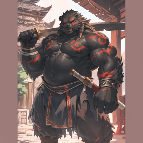 male adult black bear beastman, extremely muscular build, hypermasculine physique, powerful limbs, broad chest with defined pectoral muscles, rounded bear-like belly, battle-worn warrior, primitive/medieval fantasy setting, minimal clothing (only tattered ...