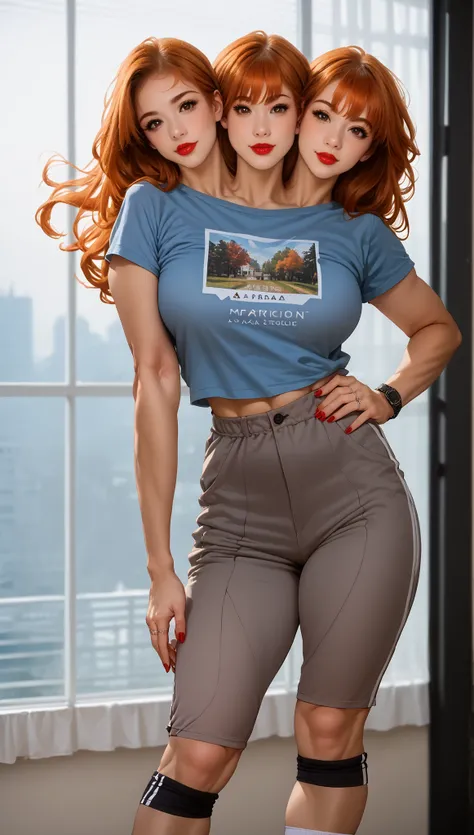 score_9, score_8_up, score_7_up, 1girl, conjoined, four heads, solo, beautiful waifu, sexy (EPpkMisty, brown hair, long hair, brown eyes:1.3), blue short sleeve t-shirt, grey trackpants, big breasts, naturally curved, muscular thighs, flirt, seductive, (ha...