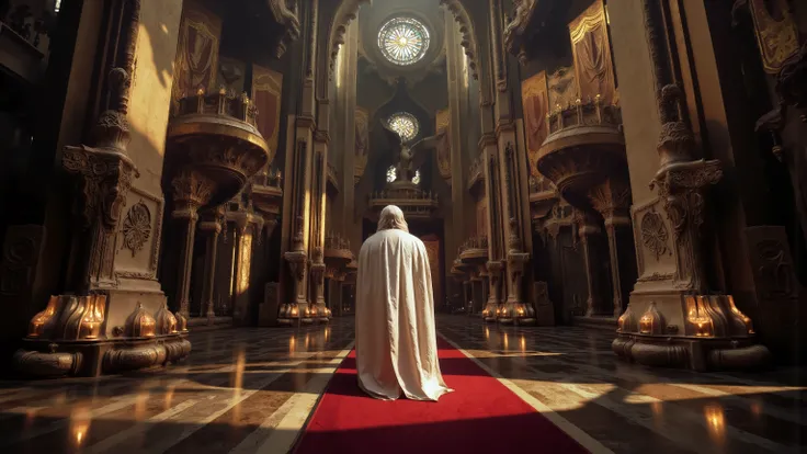 A figure in a robe shines magnificently and magnificently, mysterious space,Towering, into the intricate environment,The mood was A carefully designed column of quiet contemplation and awe evokes a fusion of ancient and futuristic architecture. Light pours...