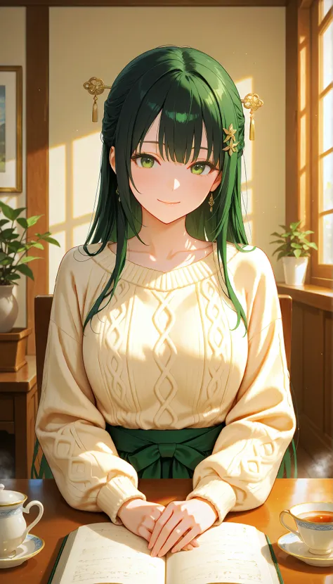 very detailed, ultra-realistic digital illustration of a beautiful young Asian woman, from the waist up, is set in a calm and peaceful environment. Perfect porcelain-like skin shines gently with a natural blush. expressive emerald green eyes, Expressive da...