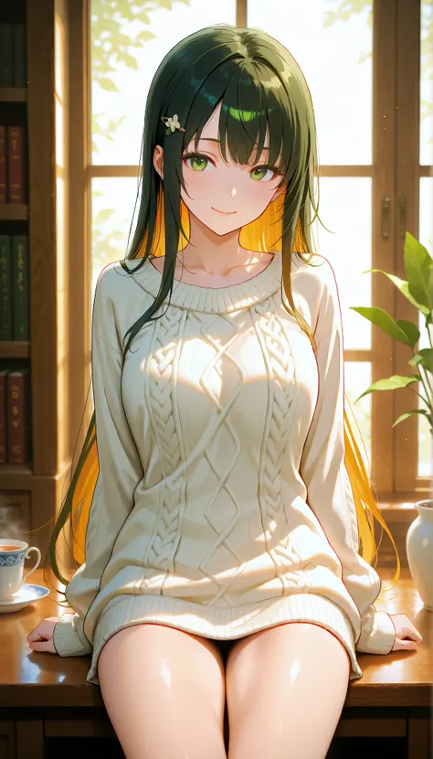 very detailed, ultra-realistic digital illustration of a beautiful young Asian woman, from the waist up, is set in a calm and peaceful environment. Perfect porcelain-like skin shines gently with a natural blush. expressive emerald green eyes, Expressive da...