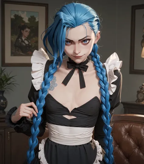 Lora: jinx, blue eyes     and blue hair       smirking       small breasts   maid outfit all black, full sleeves     , flat chest