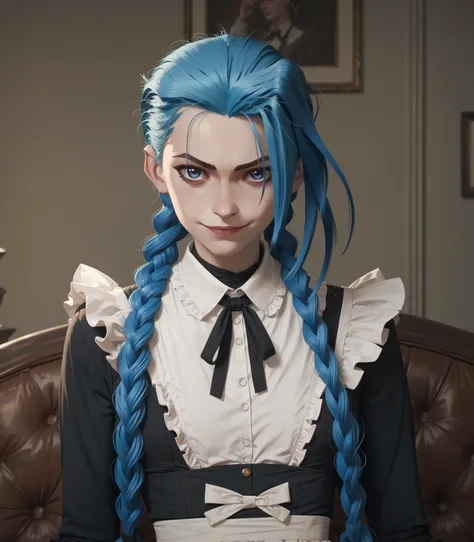 Lora: jinx, blue eyes and blue hair smirking small breasts maid outfit all black, full sleeves , flat chest
