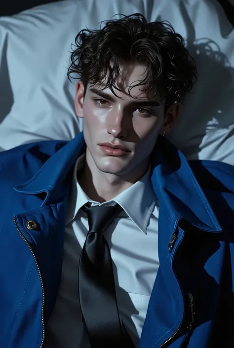 First person point of view, A handsome young man with short brunette hair, hazel eyes, On the bed, Sit-up position, wearing: The upper part of the outfit consists of a sharp mix of rugged and refined elements: a royale blue suede wrinkled zip-up jacket lay...