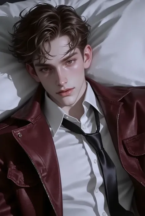 First person point of view, A handsome young man with short brunette hair, hazel eyes, On the bed, Sit-up position, wearing: The upper part of the outfit consists of a sharp mix of rugged and refined elements: a royale maroon suede wrinkled zip-up jacket l...